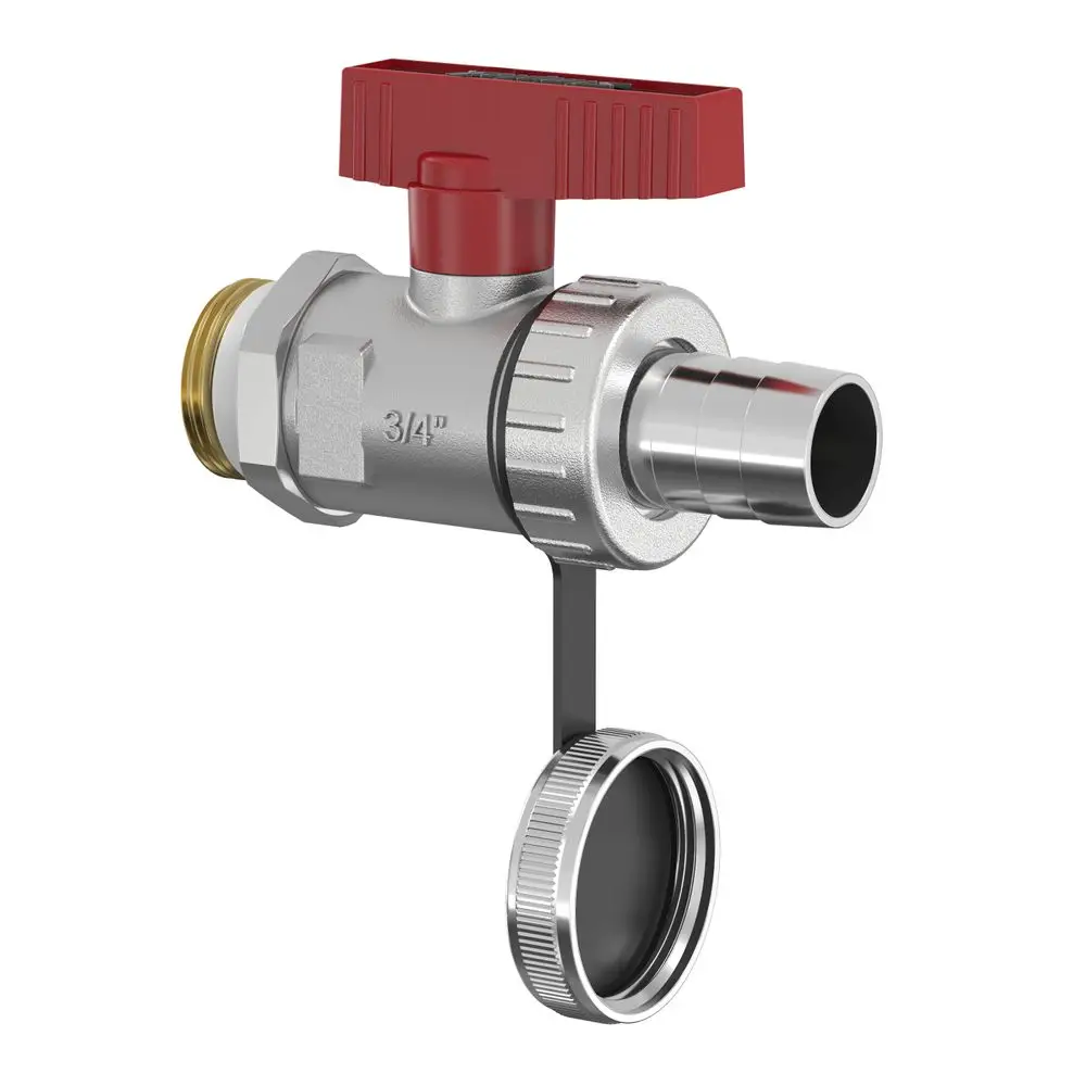 Kugelhahn mit rotem Drehgriff und metallischem Körper, geeignet für die Verbindung von Rohrleitungen. Produkt von Flamco, inklusive Schlauchverschraubung.