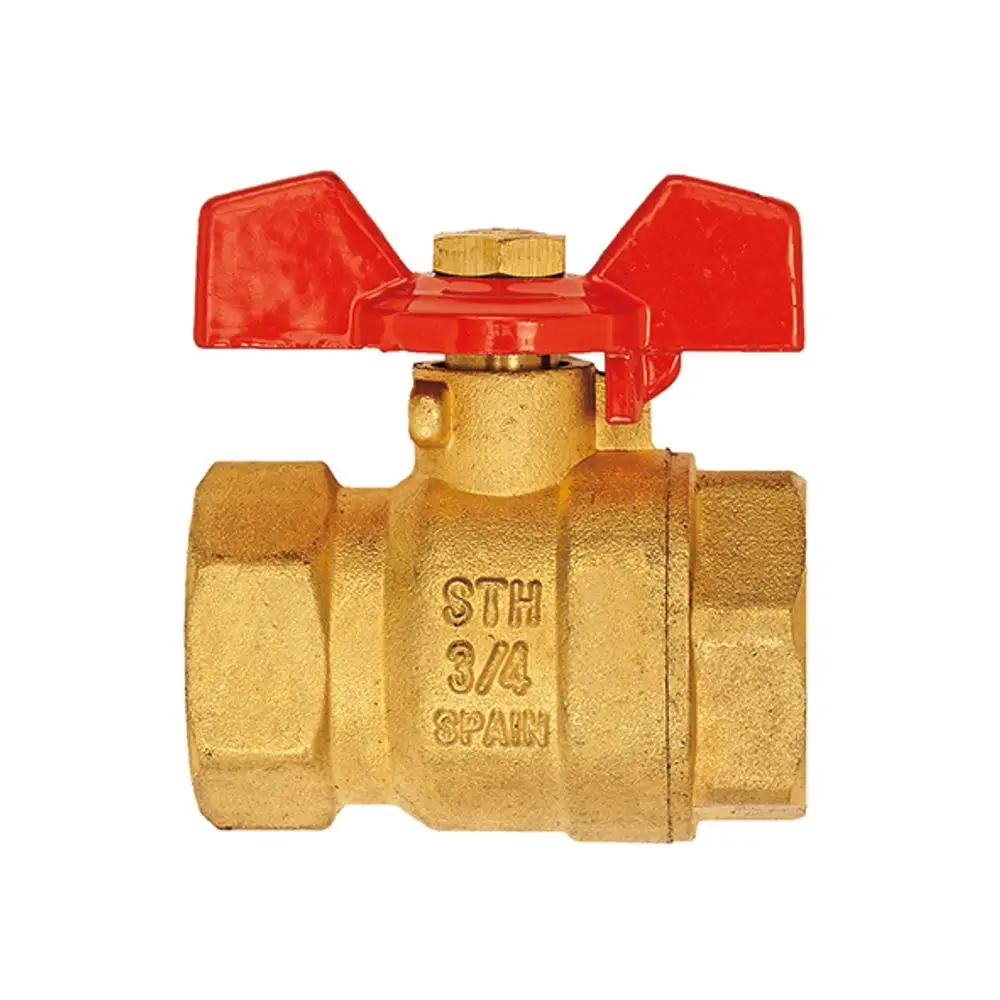 Kugelhahn mit rotem Drehgriff und zwei geschlossenen Anschlüssen. Hergestellt von Flamco, geeignet für Wasserleitungen. Material und Verarbeitung klar erkennbar.