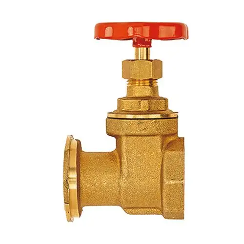 Goldfarbener Kugelhahn mit rotem Handrad. Ideal für Rohrsysteme, zur Steuerung des Durchflusses von Flüssigkeiten.