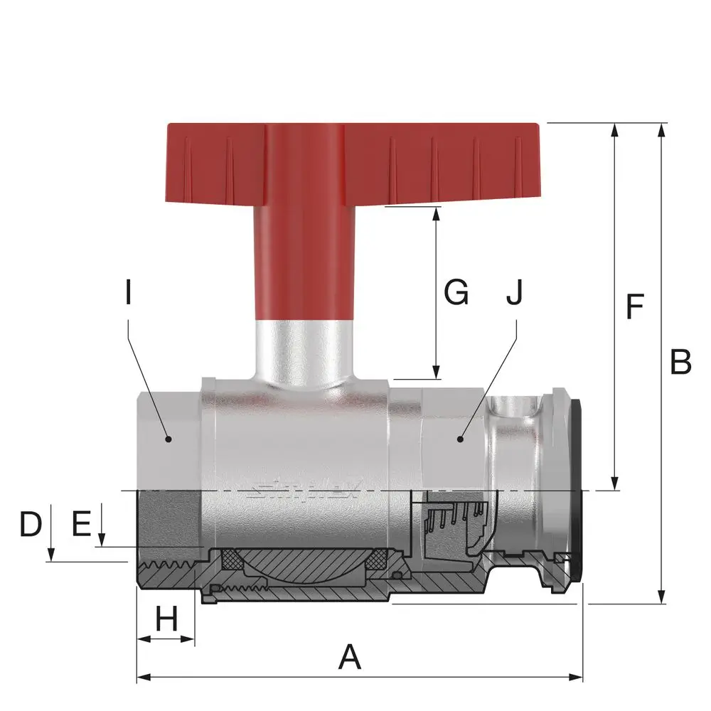 Flamco Ventil mit rotem Handrad, seitlicher Anschluss, transparente Schnittansicht, verschiedene Dimensionen angezeigt. Geeignet für Anwendungen in der Pumpentechnologie.