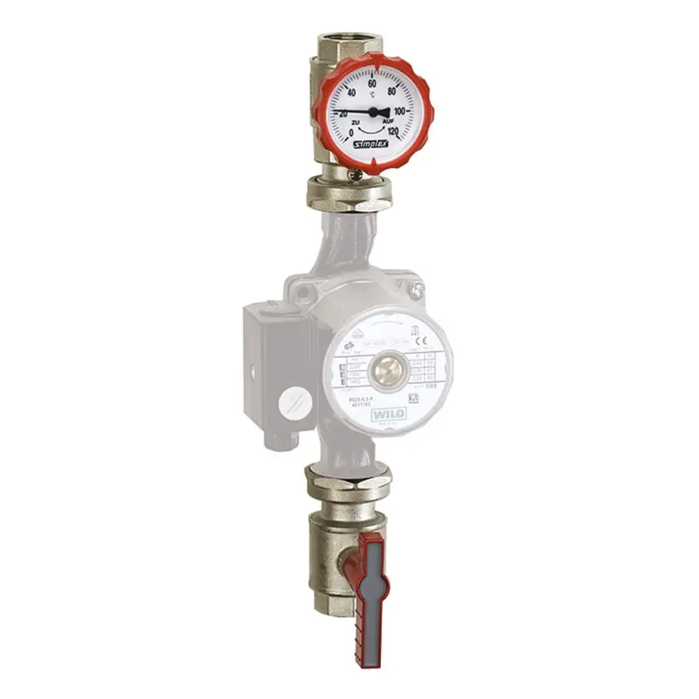 Zweiweg-Ventilgruppe mit Manometer und absperrbarem Ventil, hergestellt von Flamco. Komponenten für die Regelung und Kontrolle von Heizungs- oder Wasserkreisläufen.