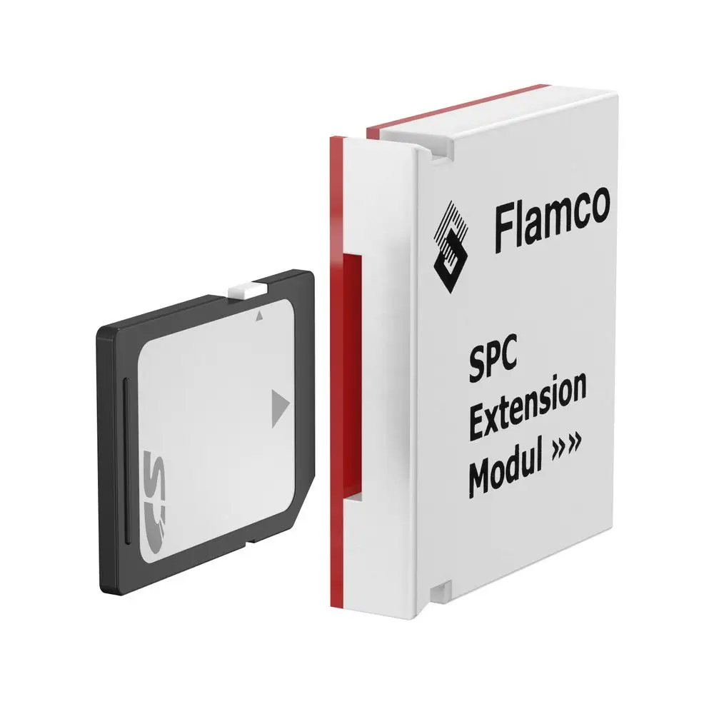 Zwei Produkte von Flamco: Ein Steuerungsmodul in Weiß mit rotem Rand und ein schwarzes Datentransfergerät. Beide Elemente sind getrennt angeordnet.