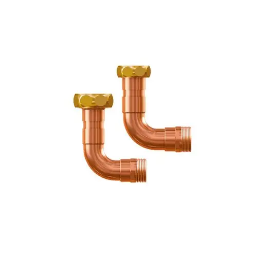 Zwei Kupfer-90-Grad-Rohrbogen mit einer Gewindeverbindung, ideal für Rohrleitungsanwendungen in Heizungs- und Wasserversorgungssystemen.