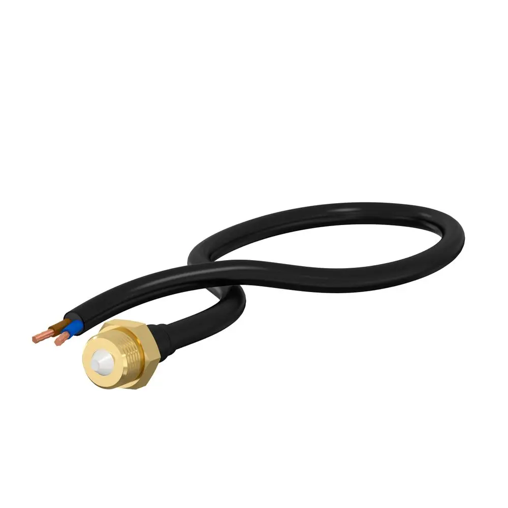 Schwarzes Kabel mit zwei Leitungen, die an einem goldenen Anschluss enden. Produkt gehört zur Kategorie der Flamco Membranbruchmelder.