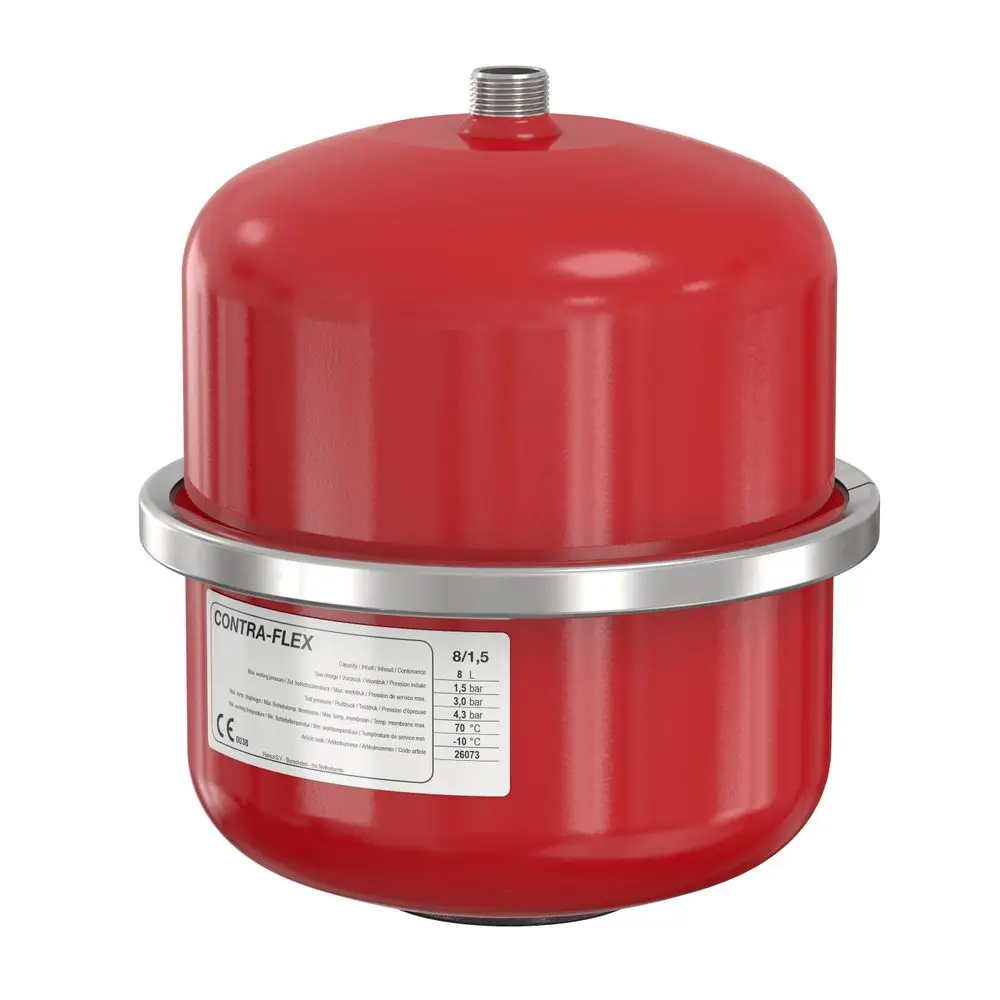 Rotes Ausdehnungsgefäß von Flamco mit Schraubanschluss und einem blauen Etikett für technische Spezifikationen. Gehäuse aus Metall mit Rundform.