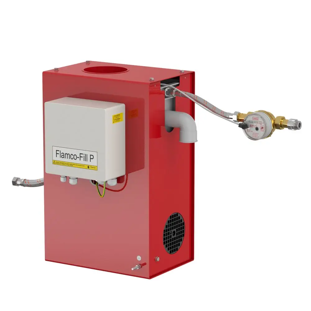 Rotes Gerät zur Nachspeisung mit einem digitalen Anzeige- und Steuerfeld, mehreren Anschlüssen und einem Ventil. Das Produkt stammt von Flamco.
