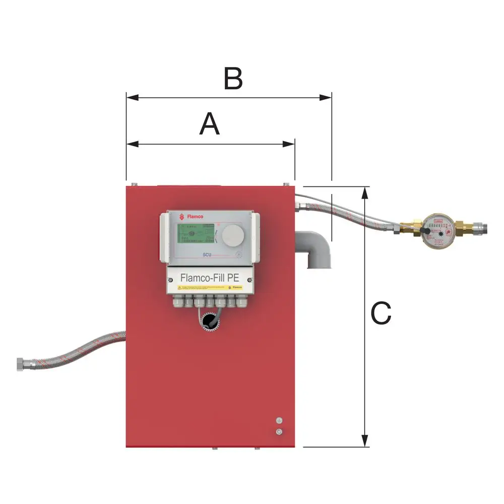 Flamco Produkt zur automatischen Nachspeisung. Gerät mit Display und Anschlussleitungen zur Wasserversorgung. Montageplatte in roter Farbe.