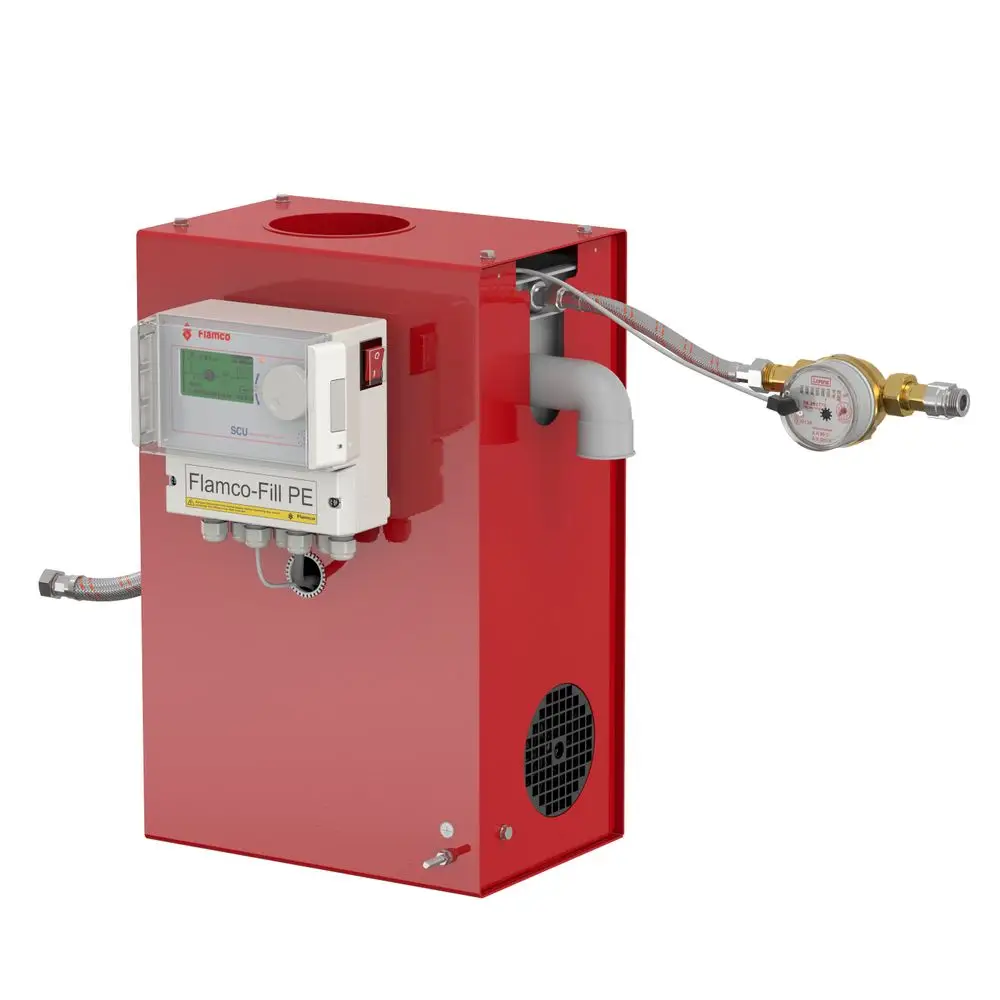 Flamco-Fill PE Gerät in rotem Gehäuse mit digitalem Display, Anschlüssen und Druckregler. Dient der automatischen Nachspeisung von Heizungsanlagen.