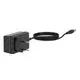 Schwarzer Netzadapter mit zwei Pins und einem Kabel, das zu einem Stecker führt. Produkt von Flamco, geeignet für verschiedene elektronische Geräte.