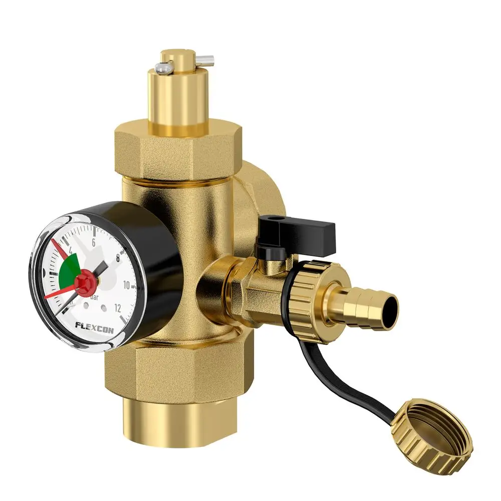 Anschlussgruppe mit Manometer und Absperrventil, gefertigt von Flamco, aus Messing, zur Druckregulierung in Heizungs- oder Wasserversorgungssystemen.