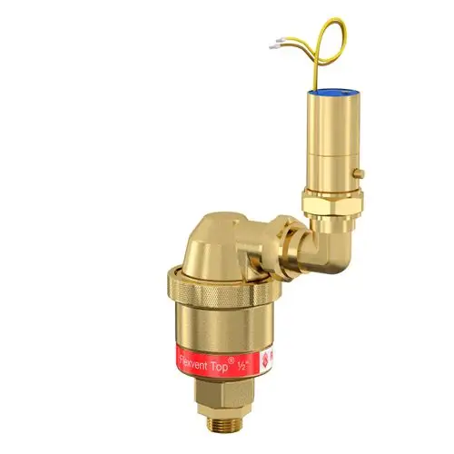 Goldfarbener Entgasungsautomat mit einem kurvenförmigen Anschluss und elektrischen Kabeln, geeignet für Luft- und Schlammtrennung in Heizungsanlagen.