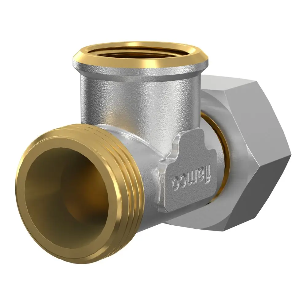 T-Stück aus Metall mit zwei Gewindeanschlüssen und einem dritten Anschluss für Flexofit-System, hergestellt von Flamco.