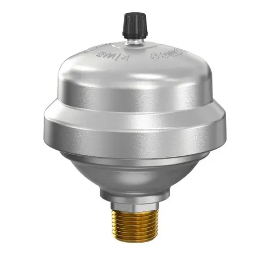 Wasserschlagdämpfer mit verchromtem Gehäuse und seitlichem Anschluss. Entwurf von Flamco, gefertigt aus Vollmessing. Ideal zur Druckabsorption in Wasserleitungen.