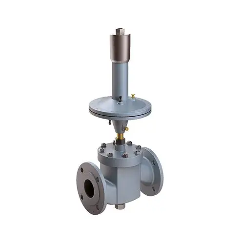 Flanschventil mit metallischem Körper und aufgesetztem Steuermechanismus, versehen mit Anschlüssen zur Druckregulierung. Hersteller: Flamco.