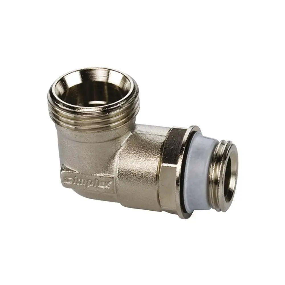 Anschlusswinkel aus Messing mit Innengewinden, präsentiert von Flamco. Das Bauteil hat einen linken und einen rechten Anschluss. Ideal für Rohrverbindungen in sanitären Anlagen.