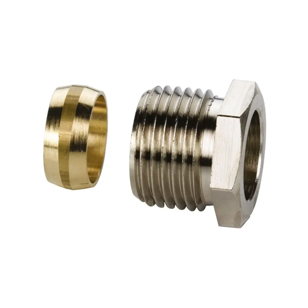 Klemmringverschraubung aus Metall mit einem zylindrischen Gewinde und einem separaten Klemmring. Produkt von Flamco, geeignet für Rohrverbindungen.