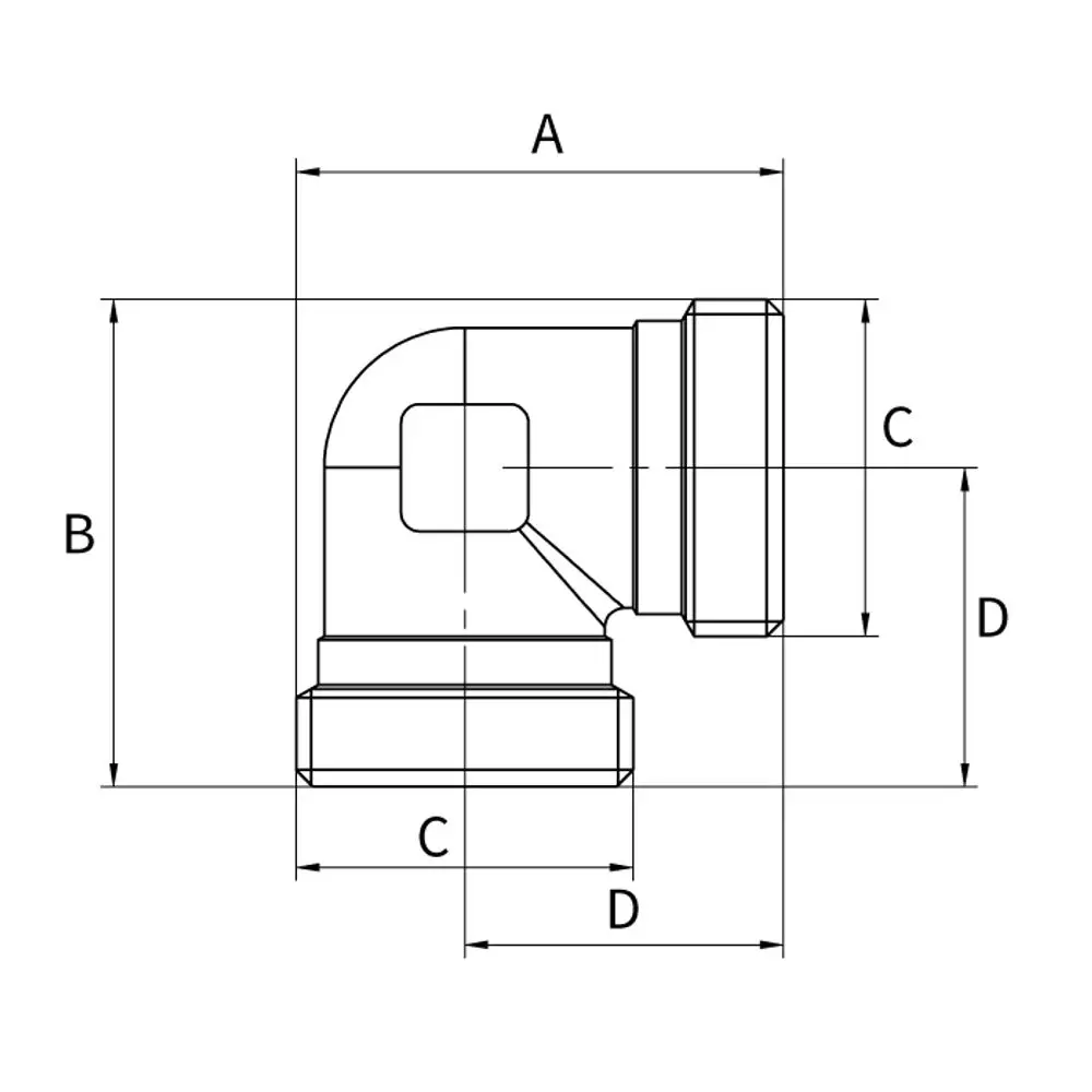 Kupplungswinkel von Flamco, dargestellt in technischer Zeichnung. Die Abmessungen sind nicht angegeben, aber die Form und Anschlüsse sind klar sichtbar.