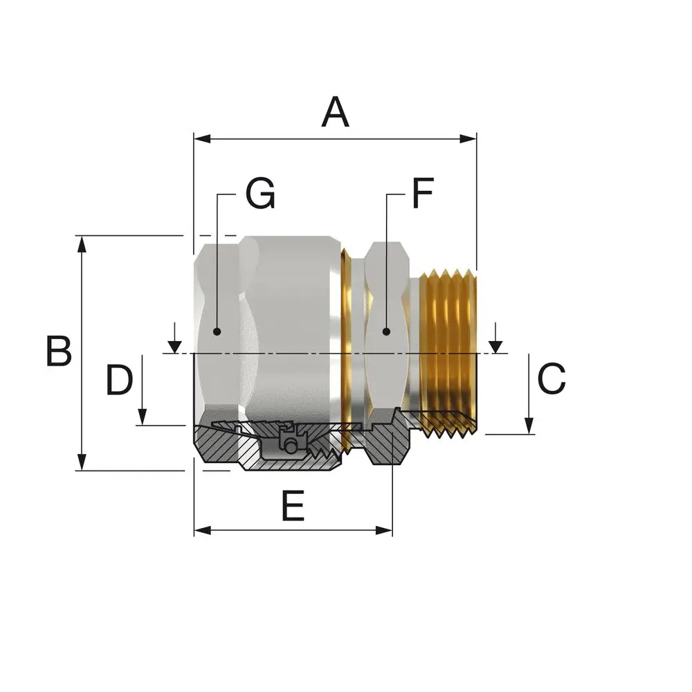 Schwarzrohradapter von Flamco, schematisch dargestellt, zeigt die unterschiedlicher Gewinde und Dimensionen zur Verbindung von Rohren.