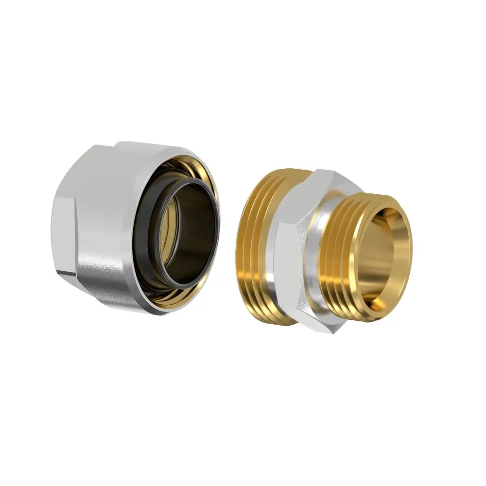 Adapter aus Metall mit zwei Anschlussseiten, eine mit Gewinde und die andere mit einer Dichtfläche. Produkt von Flamco, geeignet für Rohrverbindungen.