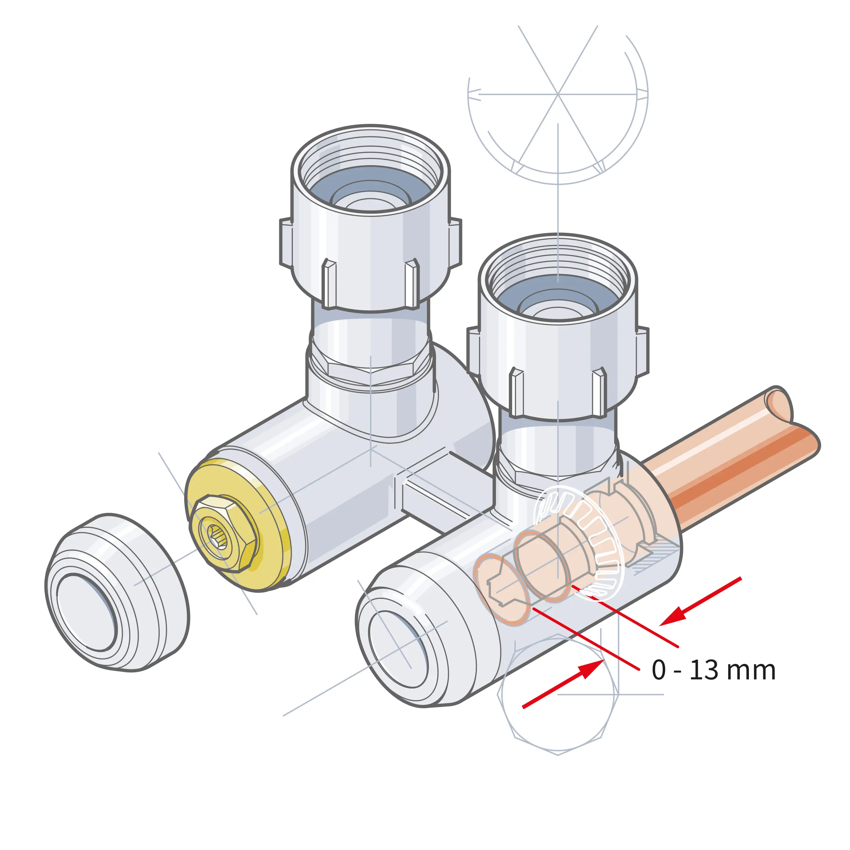 Eckventil mit zwei Anschlüssen und einem Nippel, gefertigt von Flamco. Das Diagramm zeigt die Montage und Positionierung der Teile.