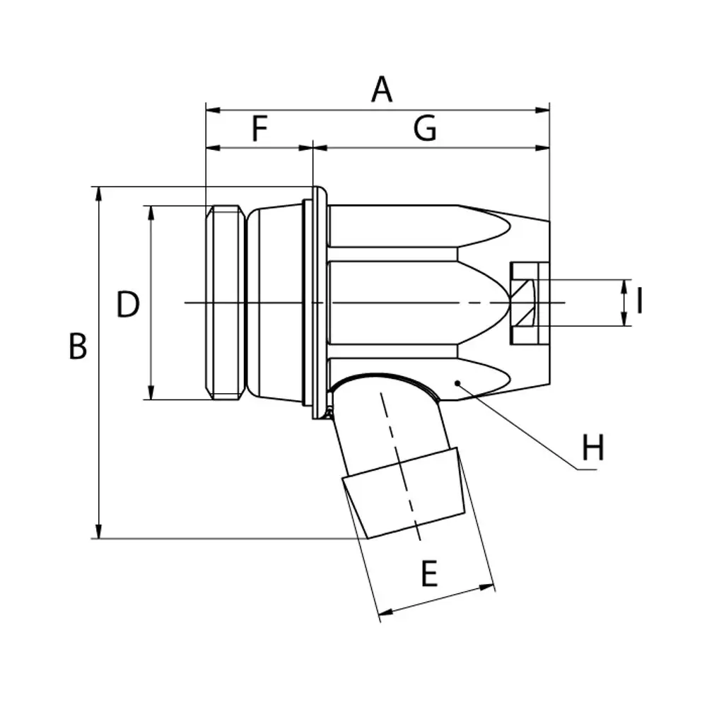 Entleerungsstopfen von Flamco mit Angled Design, Montageschnittstelle und verschiedenen Abmessungen, dargestellt in technischer Zeichnung.
