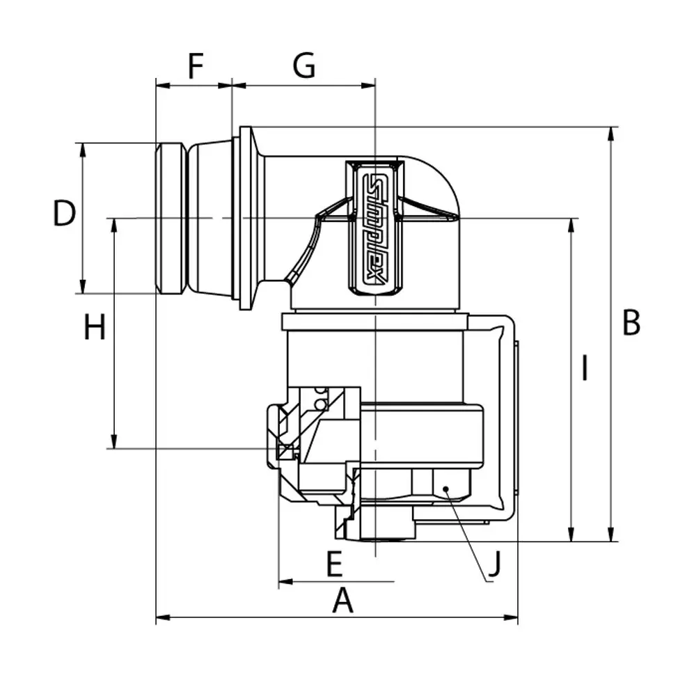 Füll- und Entleerstopfen von Flamco, mit G1/2a x G3/4 Schlauchanschluss, in seitlicher Ansicht, schematische Darstellung der Maße und Anschlüsse.