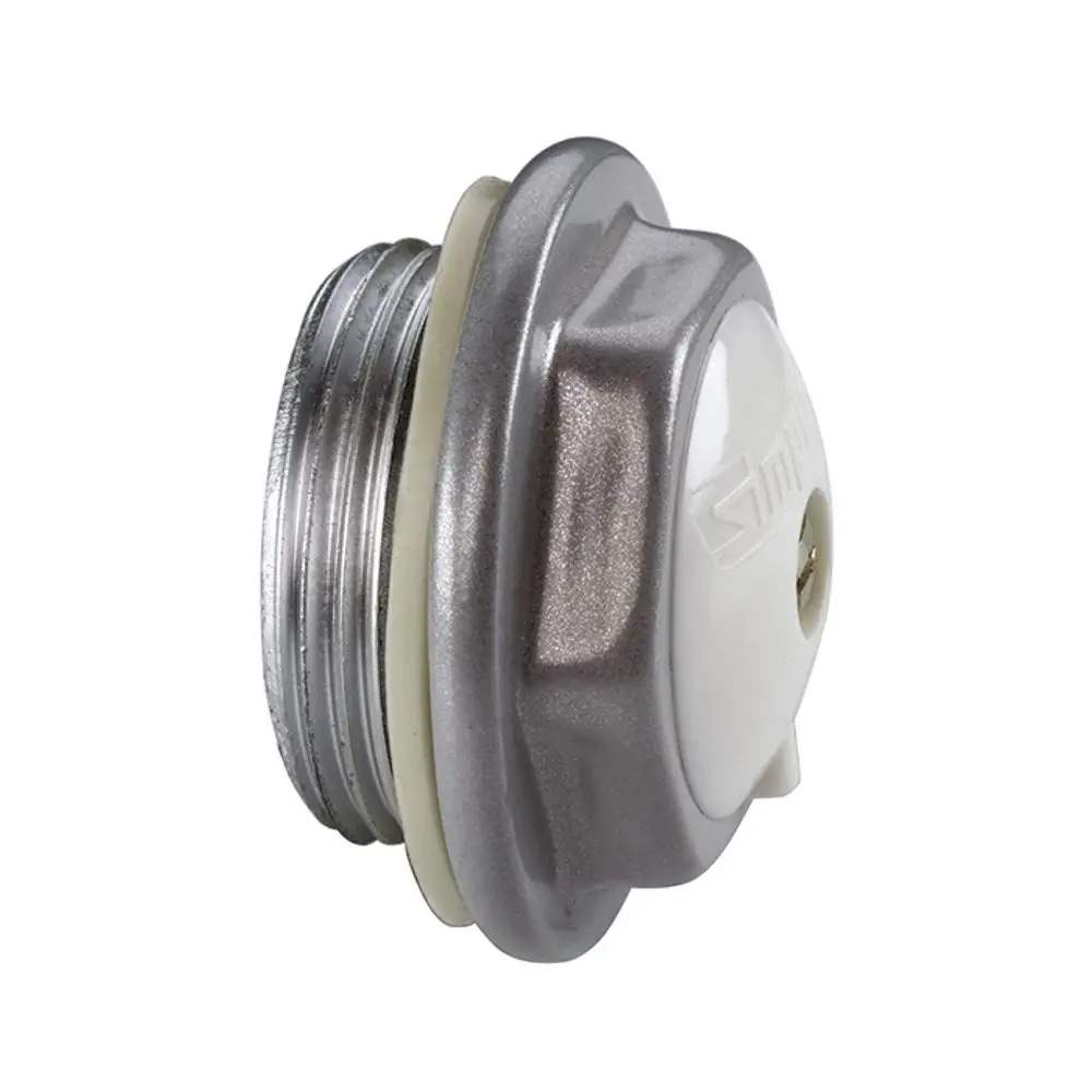 Luftstopfen in silberner und weißer Farbkombination, mit Gewinde und einer Öffnung, hergestellt von Flamco. Ergonomisches Design für Dichtungsanwendungen.