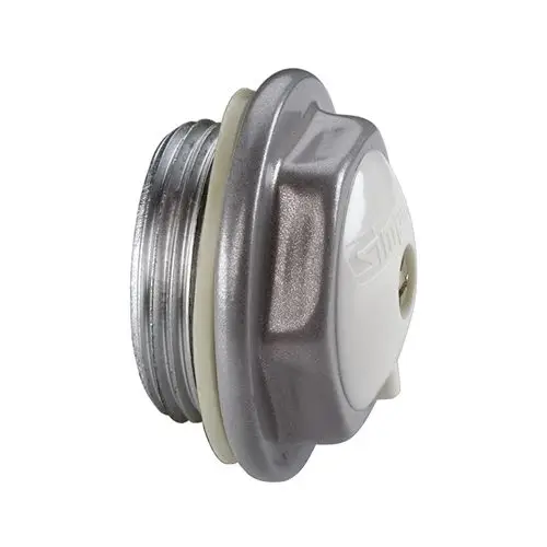 Luftstopfen in silberner und weißer Farbkombination, mit Gewinde und einer Öffnung, hergestellt von Flamco. Ergonomisches Design für Dichtungsanwendungen.