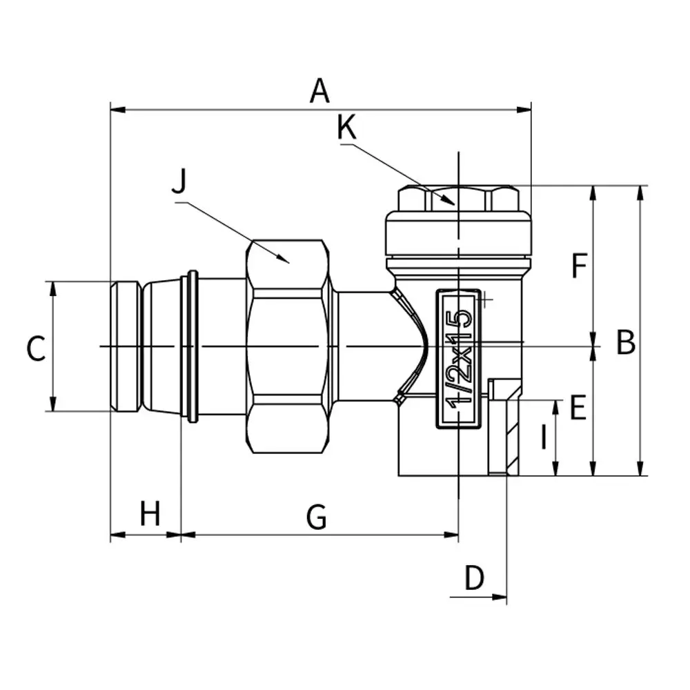 Rücklaufverschraubung von Flamco, Eckform mit Anschlüssen, gestaltet für Verbindungstechnik, sichtbar sind verschiedene Maße und Verbindungselemente.