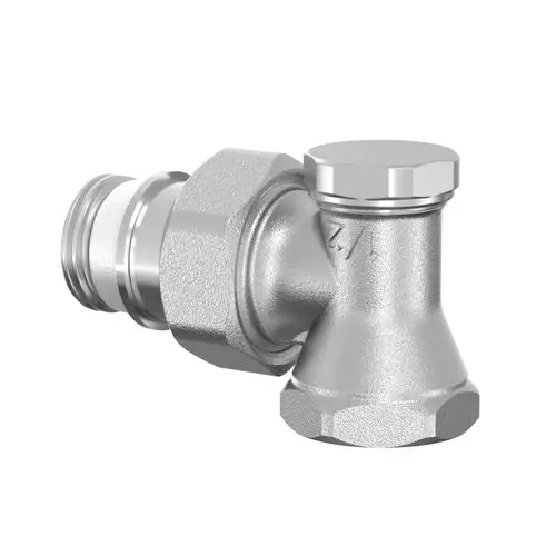 Metallene Rücklaufverschraubung mit einem schrägen Anschluss, geeignet für Heizungsanlagen, im Fokus.