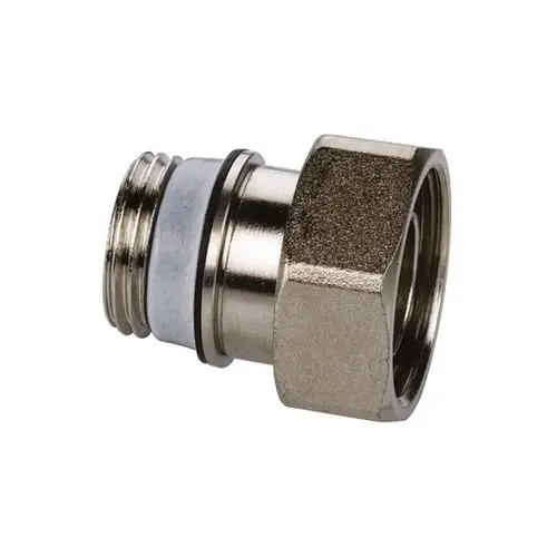Verschraubung aus Messing von Flamco, mit zwei unterschiedlichen Gewindeanschlüssen. Sie eignet sich für Rohrsysteme und Verbindungen in der Sanitär- und Heizungsinstallation.