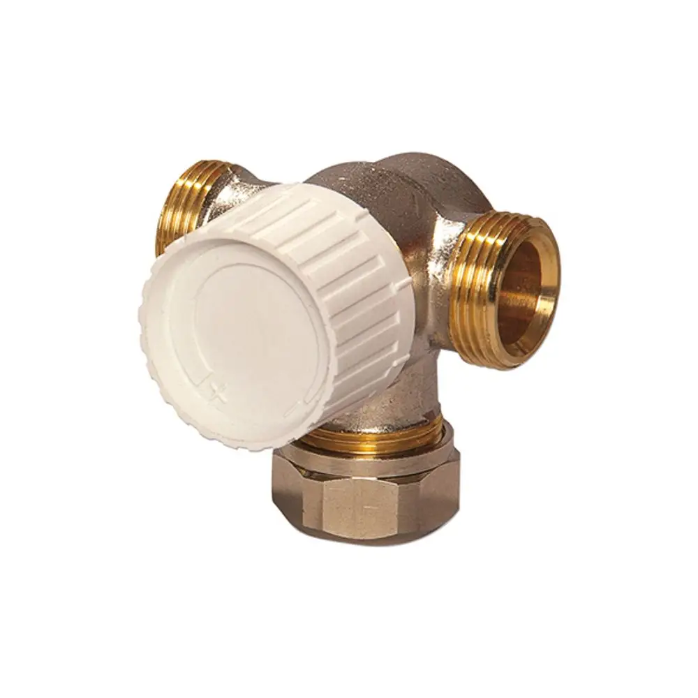 Dreiwegeventil von Flamco mit einem weißen, runden Drehregler und zwei Anschlüssen, die rechts angeordnet sind. Das Gehäuse besteht aus Metall mit goldfarbenen Gewindeanschlüssen.
