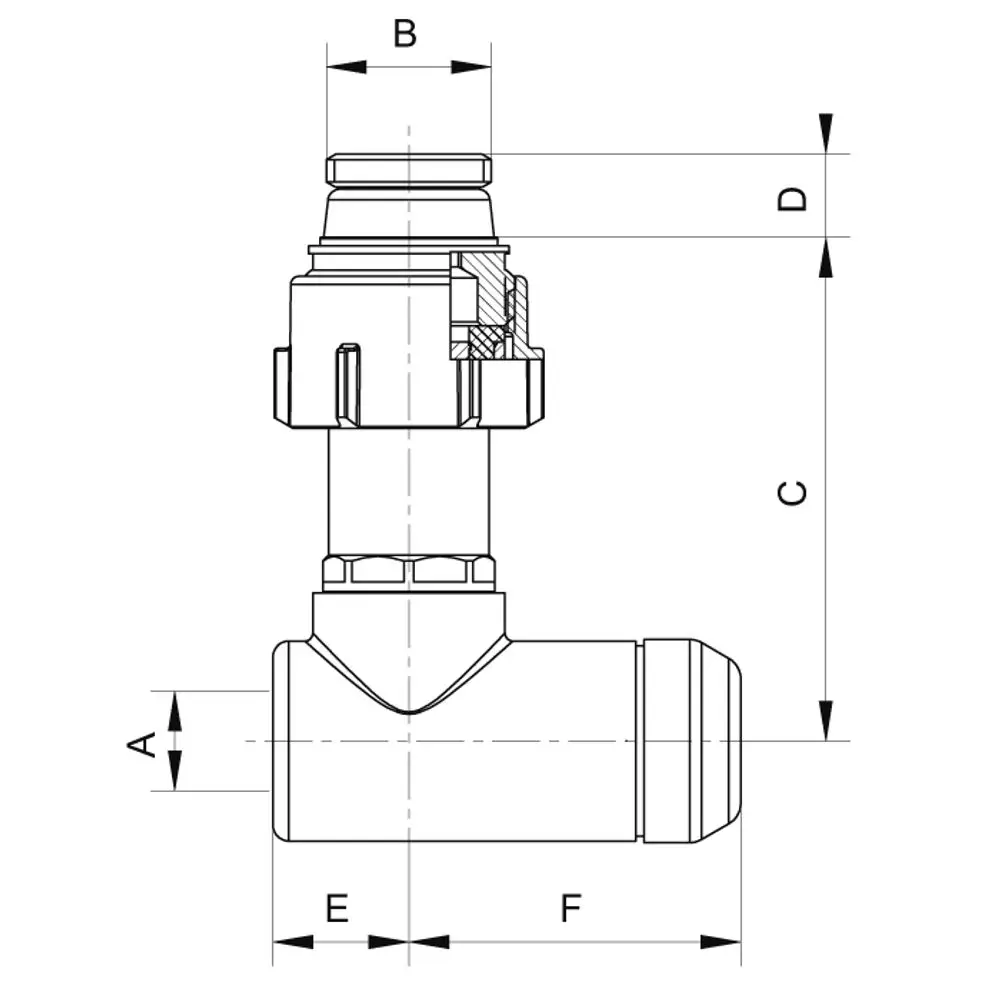 Teleskop-Eckverschraubung von Flamco mit Nippel, Anschluss für Rohre, geometrische Zeichnung mit Dimensionen zur Veranschaulichung der Form und Größe des Produkts.