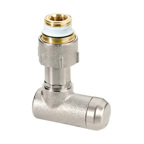 Teleskop-Eckverschraubung aus verchromtem Metall mit einer schraubbaren Verbindung und einem Winkel von 90 Grad für Heizungsinstallationen.