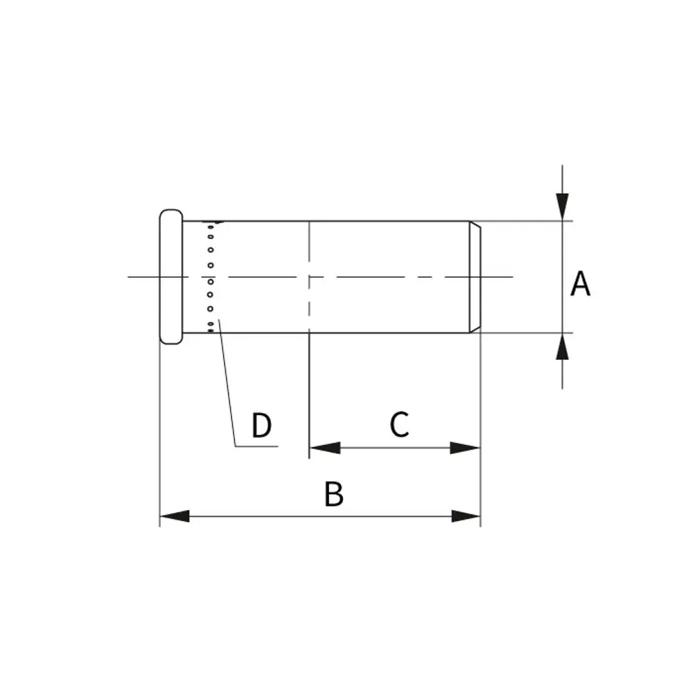 Graue Zeichnung eines Endstopfens mit den Maßen A, B, C, D. Die Darstellung zeigt eine technische Skizze, die zur Verwendung mit Flamco-Produkten geeignet ist.