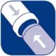 Weißes Icon mit einer Darstellung eines verchromten Endstopfens mit Pfeil, der eine Verbindung symbolisiert. Zuordnung zu Flamco-Produkten erkennbar.