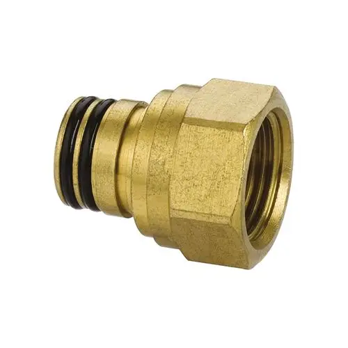 Ein goldenes Anschlussstück aus Messing mit Innengewinde und Gummidichtungen, geeignet für Heizungs- und Wasseranschlüsse.