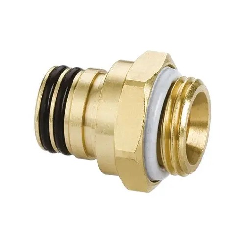 Goldfarbener Anschlussadapter mit O-Ringen und Dichtungen für Heizungs- oder Installationssysteme.