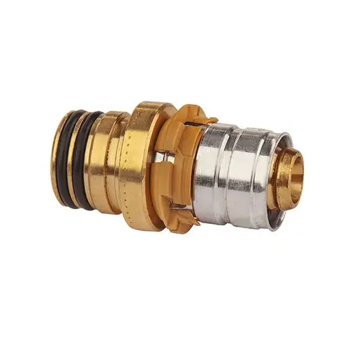 Detailansicht eines Verbindungselements mit gold- und silberfarbenem Finish, geeignet für Heizungs- und Komfortregelungssysteme.