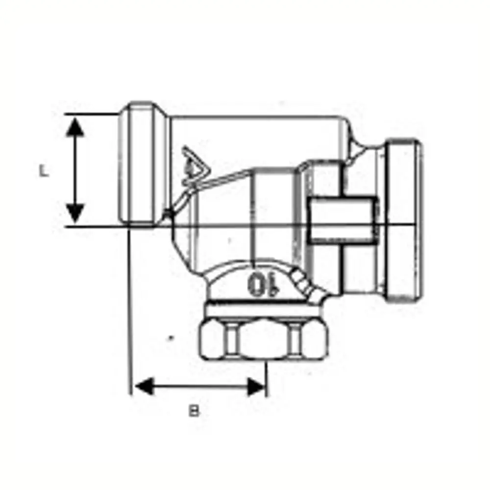 Thermostatventil von Flamco mit axialem Anschluss und seitlichem Abgang. Es zeigt eine technische Zeichnung mit Maßangaben für L und B zur Installation.