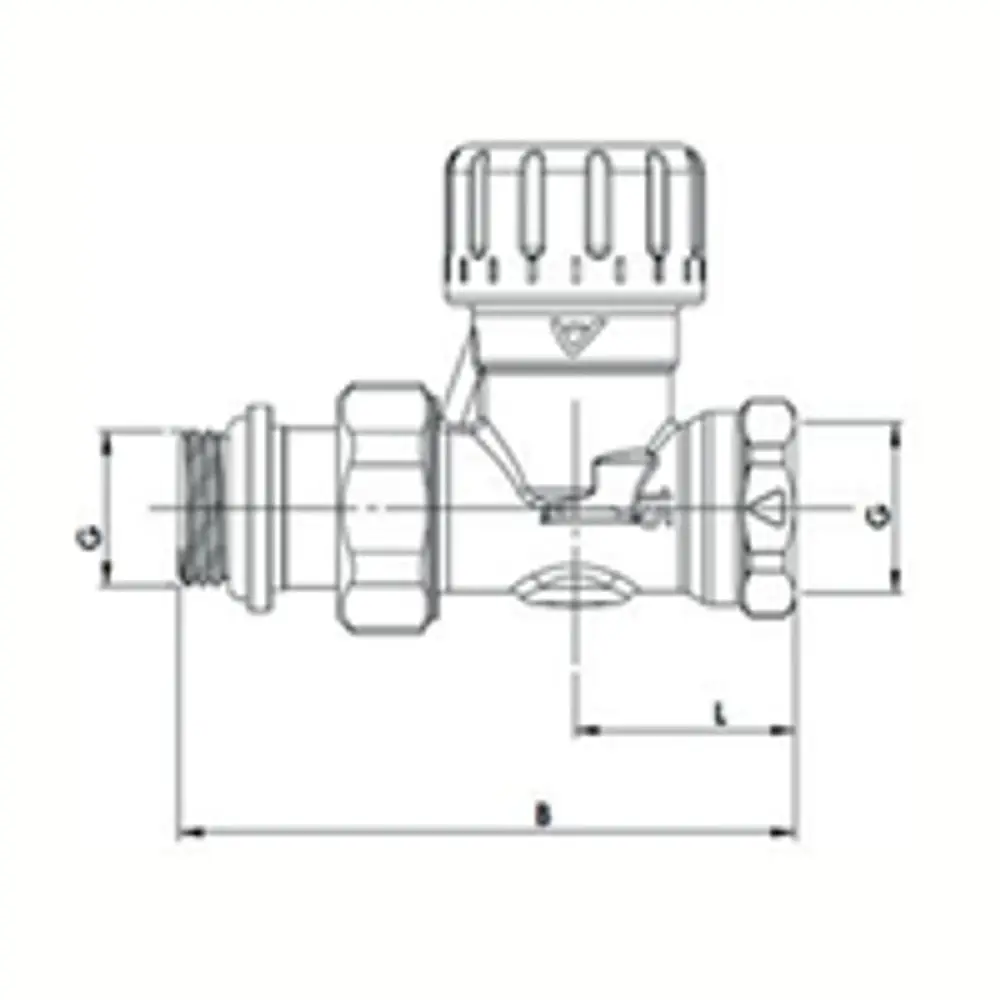 Thermostatventil von Flamco mit Gewindeanschlüssen, abgebildet in Seitenansicht, zeigt verschiedene Teile und Anschlussteile.