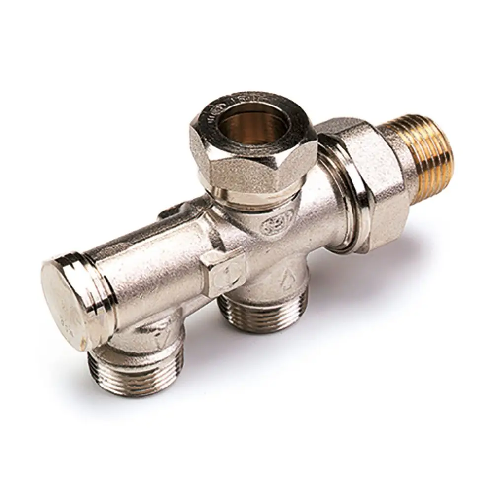 Anschlussverteiler mit mehreren Anschlüssen, aus Metall gefertigt, zur Verwendung in Heizungssystemen. Produkt von Flamco, geeignet für Einrohrsysteme.