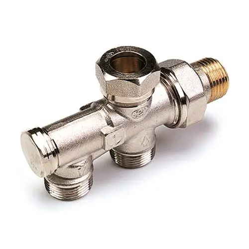 Anschlussverteiler mit mehreren Anschlüssen, aus Metall gefertigt, zur Verwendung in Heizungssystemen. Produkt von Flamco, geeignet für Einrohrsysteme.