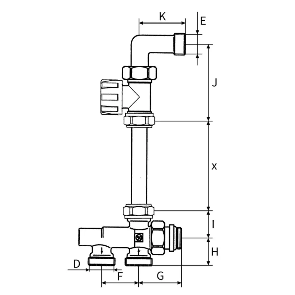 Ein Einrohranschluss-Set von Flamco mit einem Durchgangsventil. Die technische Zeichnung zeigt verschiedene Anschlussmöglichkeiten und Maße für die Installation.