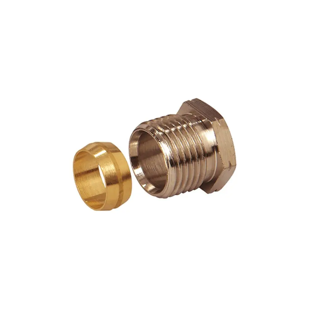 Klemmringverschraubung aus Metall, bestehend aus einem Gewinde und einem Klemmring. Hersteller: Flamco. Verwendung für Verbindungen von Rohren aus Kupfer und Weichstahl.