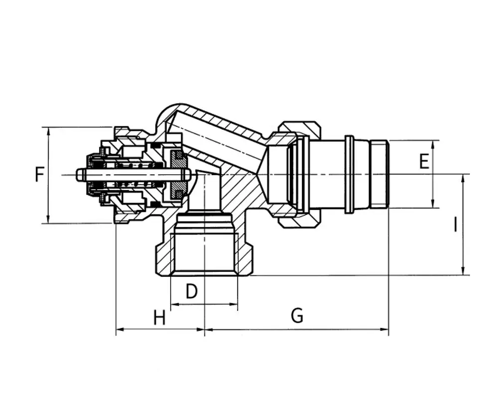 Thermostatventil von Flamco in axialer Bauart, mit Anschlussmöglichkeiten sowie Voreinstellungen, dargestellt in technischer Schnittansicht.