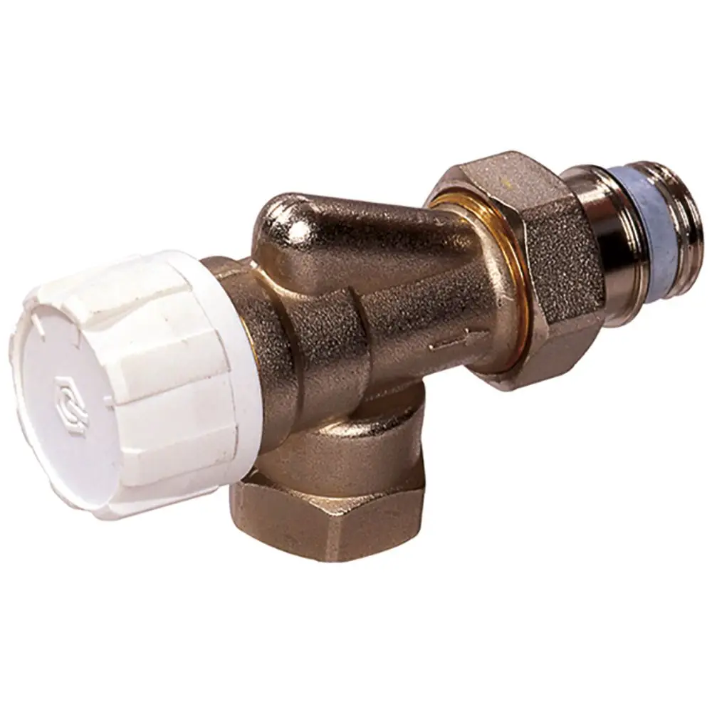 Thermostatventil aus Messing von Flamco mit einem weißen Drehknopf zur Temperatureinstellung und zwei Anschlussgewinden für die Montage.