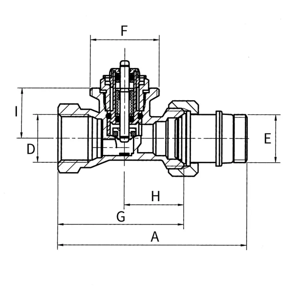 Thermostatventil von Flamco, Schnittansicht mit verschiedenen Anschlüssen, zeigt die interne Mechanik und Dimensionen, die für den Betrieb erforderlich sind.