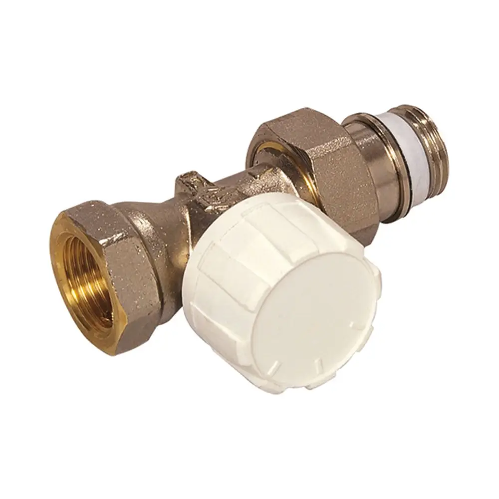 Thermostatventil von Flamco, mit zwei Anschlüssen. Das Ventil hat einen weißen Handgriff zur Voreinstellung und eine Metalloberfläche. Ideal für Heizungsinstallationen.