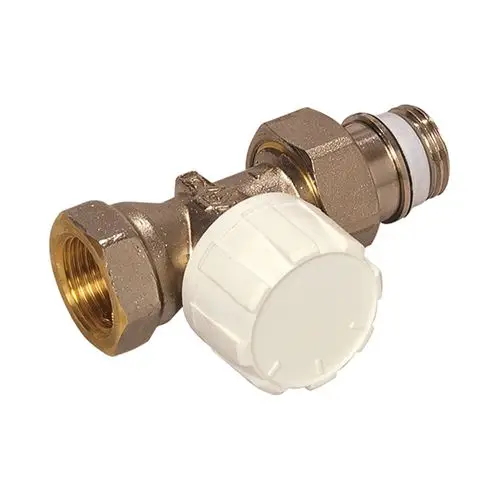 Thermostatventil von Flamco, mit zwei Anschlüssen. Das Ventil hat einen weißen Handgriff zur Voreinstellung und eine Metalloberfläche. Ideal für Heizungsinstallationen.